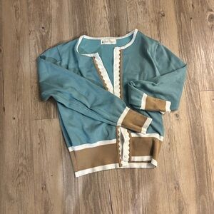 Blue and Tan Cardigan with White Trim